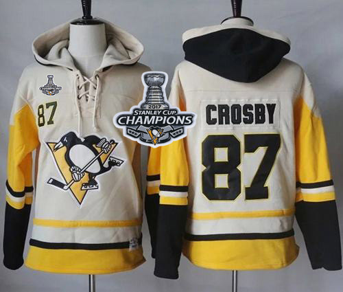 Penguins #87 Sidney Crosby Cream/Gold Sawyer Hooded Sweatshirt Stanley Cup Finals Champions Stitched NHL Jersey - Click Image to Close